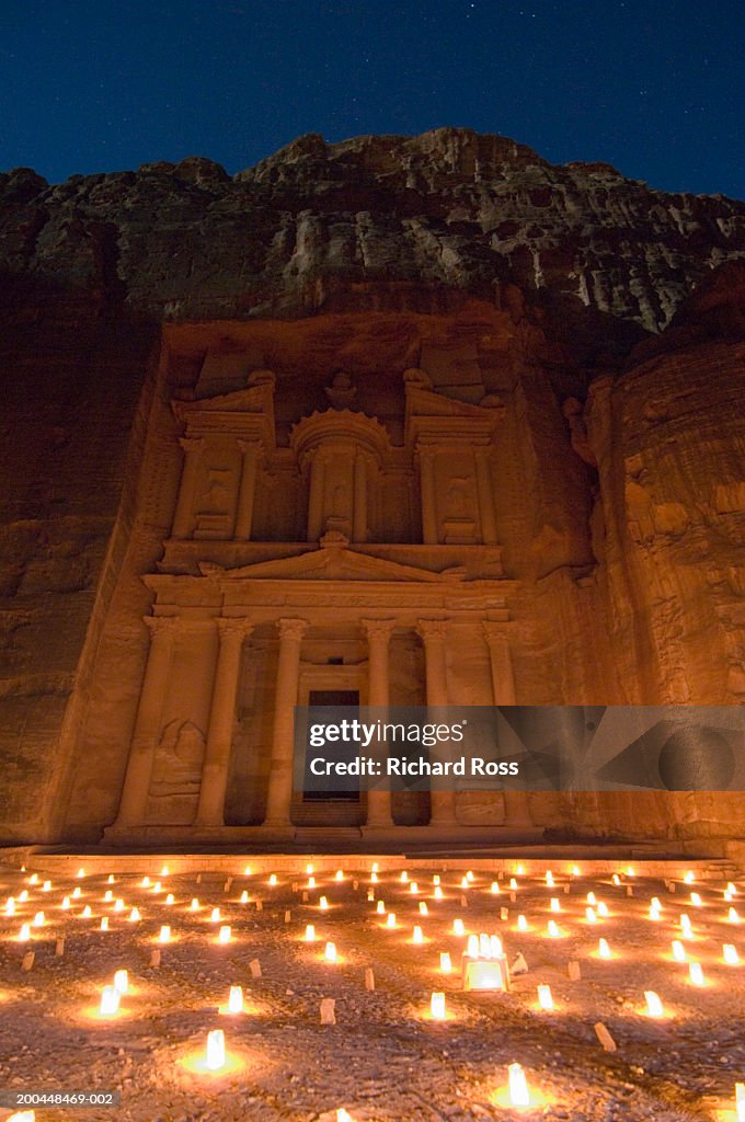 Jordan, Petra, ancient city ruins of Edom illuminated at night