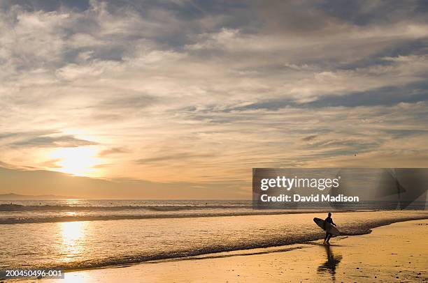 usa, california, ventura, surfer exiting sea at sunset, side view - ventura county stockfoto's en -beelden