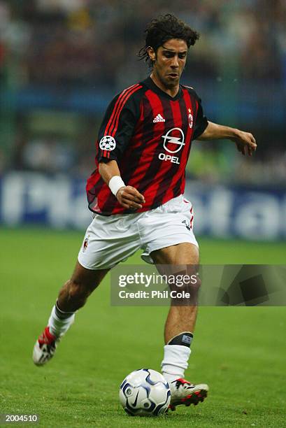 Rui Costa of AC Milan strikes the ball during the UEFA Champions League semi-final, second leg match between Inter Milan and AC Milan on May 13 2003,...