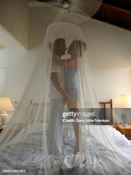 couple standing on bed, embracing under netting, side view - netzgewebe stock-fotos und bilder