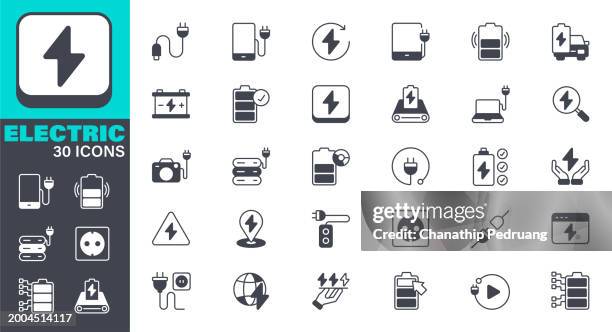 electric icons set. solid icon collection. vector graphic elements, icon symbol, electricity, power line, electrical outlet, electric plug - abstract network connection stock illustrations