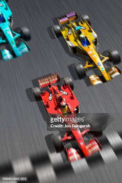 open-wheel single-seater racing car race cars, elevated view (digital composite, blurred motion) - car racing blurred motion stock pictures, royalty-free photos & images