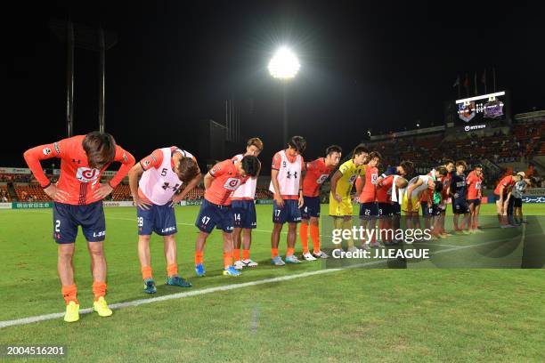 Omiya Ardija players applaud fans after the 1-1 draw in the J.League J1 match between Omiya Ardija and Sanfrecce Hiroshima at NACK5 Stadium Omiya on...