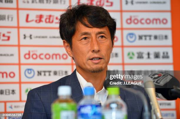 Head coach Akira Ito of Omiya Ardija speaks at the post match press conference after the J.League J1 match between Omiya Ardija and Sanfrecce...