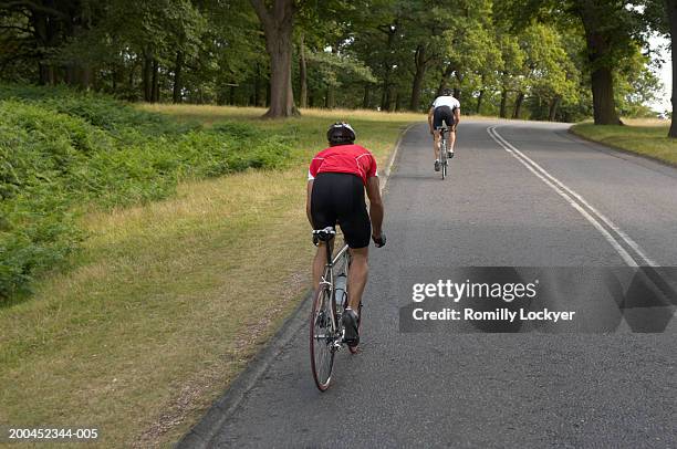 two male cyclists on road, rear view - pantaloncini foto e immagini stock