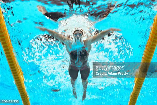 Ruta Meilutyte of Team Lithuania competes in the Women's 100m Breaststroke Heat 6 on day eleven of the Doha 2024 World Aquatics Championships at...