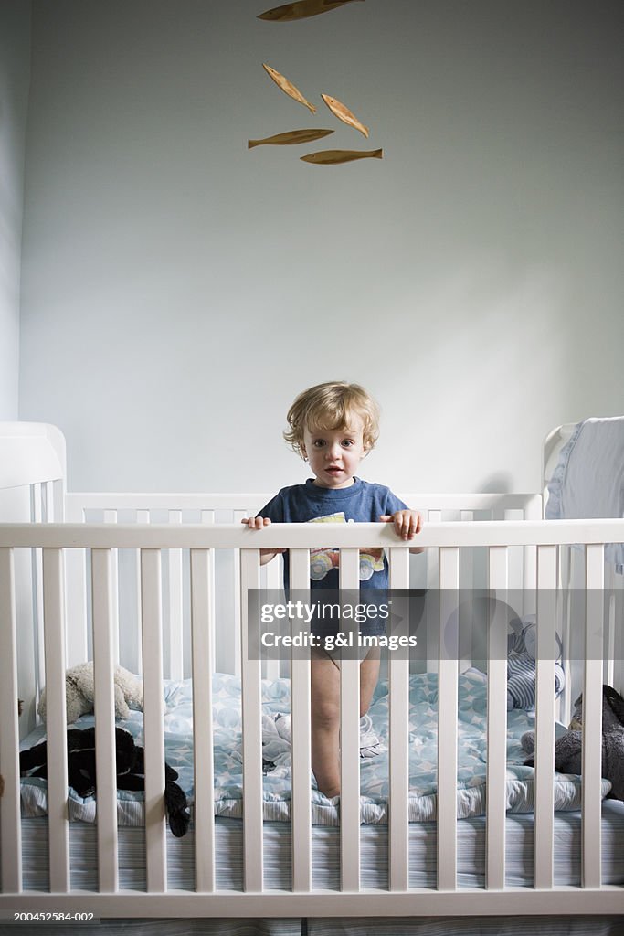 Toddler boy (21-24 months) smiling in crib, portrait