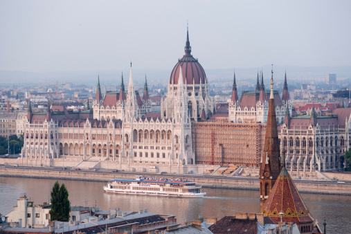 Hungary, Budapest, Parliament Building by River Danube