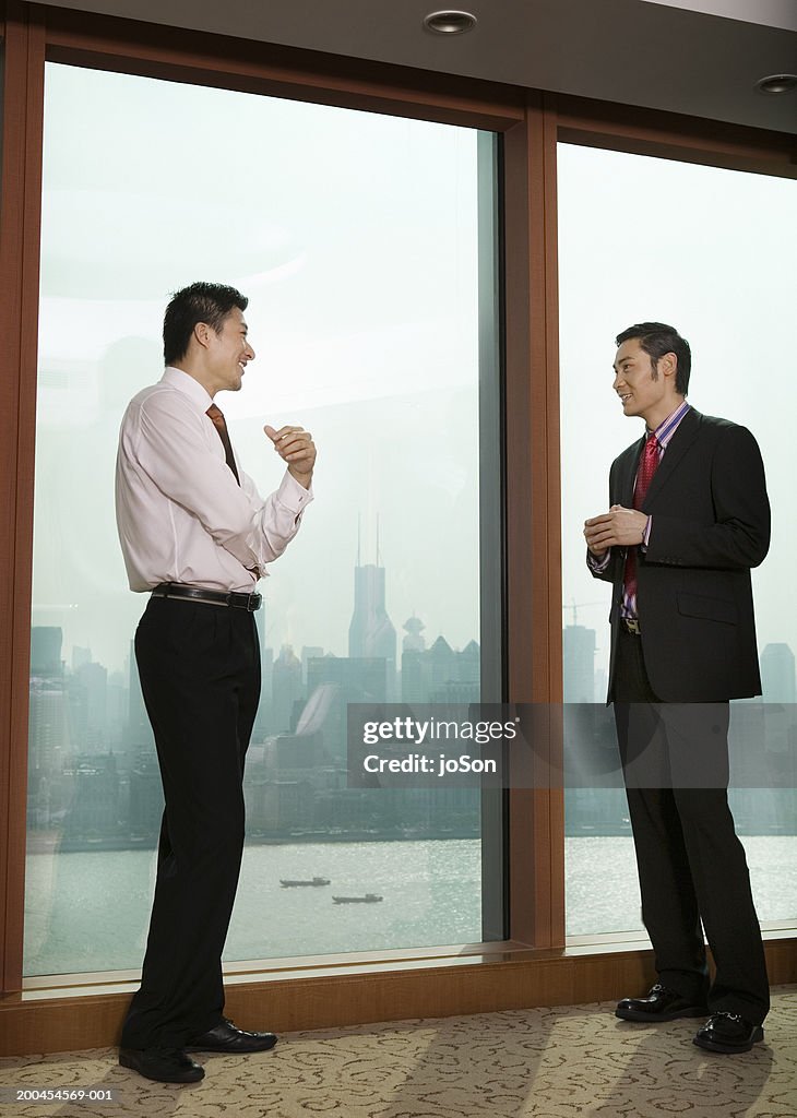 Two businessmen talking by window, side view
