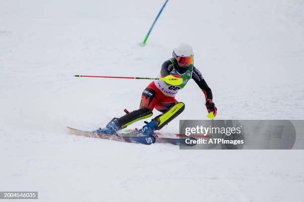 Kim Vanreusel of Belgium in action during the Audi FIS Alpine Ski World Cup 2024 Slalom Discipline Women's on February 11, 2024 in Soldeu, Andorra.