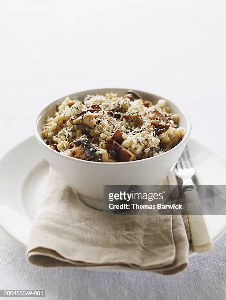 bowl of three-mushroom risotto with asiago and parmesan cheese - risotto stock pictures, royalty-free photos & images