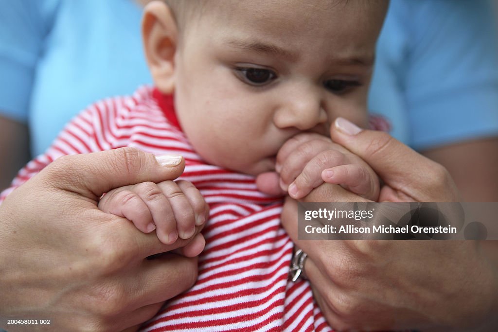 Baby boy (6-9 months) holding mother's fingers