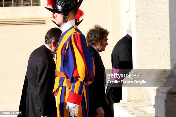 Newly elected Argentina's President Javier Milei arrives at the Apostolic Palace for an audience with Pope Francis on February 12, 2024 in Vatican...