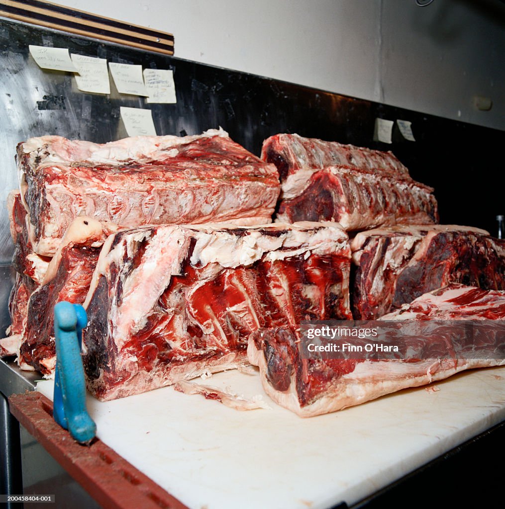 Slabs of beef on cutting table