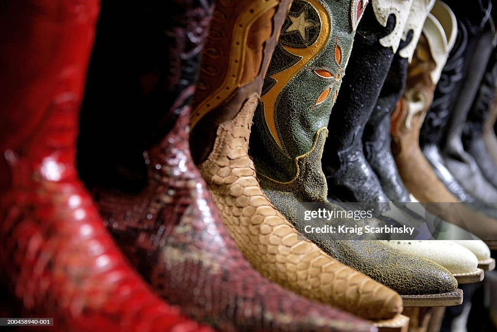 Row of cowboy boots in shoe store, full frame