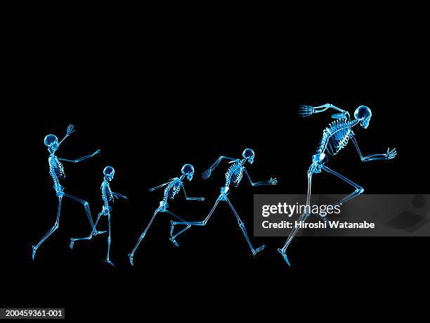 five human skeletons running, side view (digital) - running black background stock illustrations