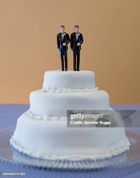 wedding cake with two grooms - ウェディングケーキの人形 ストックフォトと画像