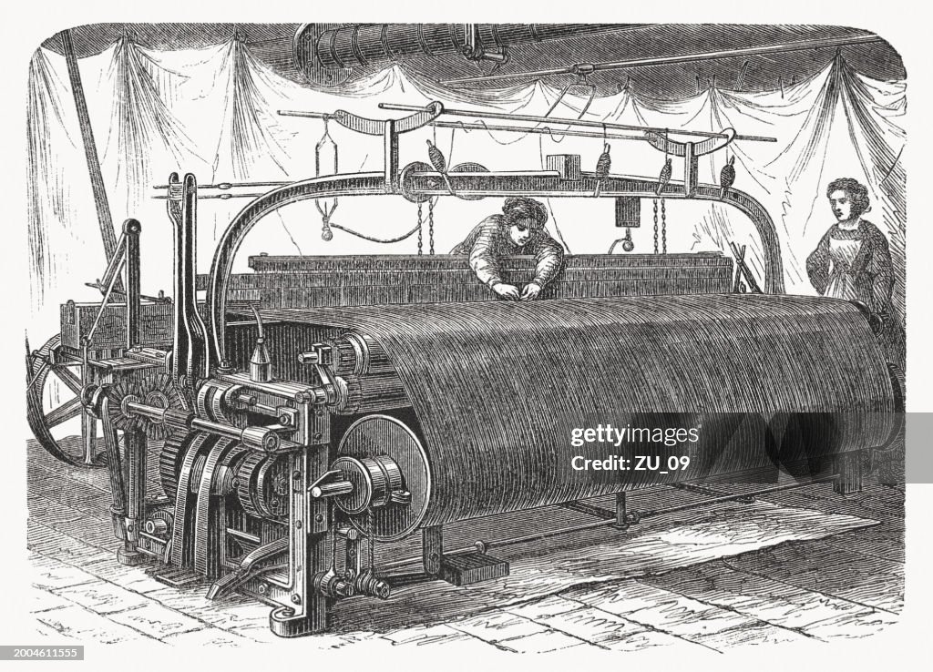 Mechanical cloth loom, mid-19th century, wood engraving, published in 1869