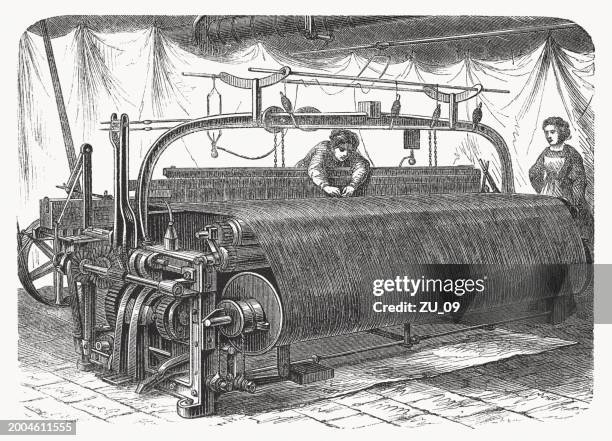 mechanical cloth loom, mid-19th century, wood engraving, published in 1869 - loom stock illustrations