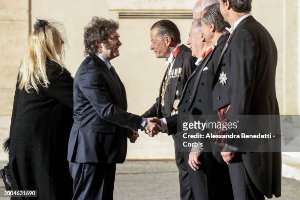 Argentina's President Javier Milei arrives at San Damaso Court to attend a meeting with Pope Francis, on February 12, 2024 in Vatican City, Vatican.