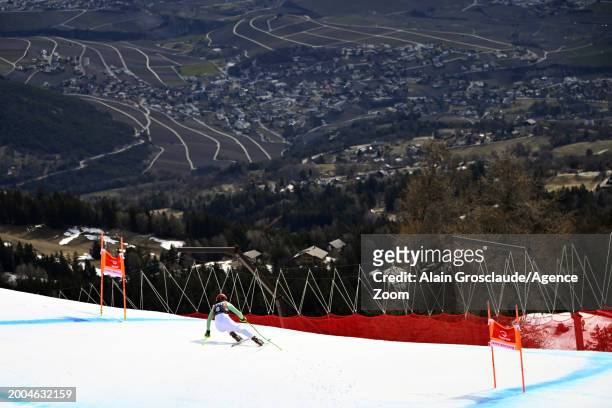 Kira Weidle of Team Germany in action during the Audi FIS Alpine Ski World Cup Women's Downhill Training on February 15, 2024 in Crans Montana,...