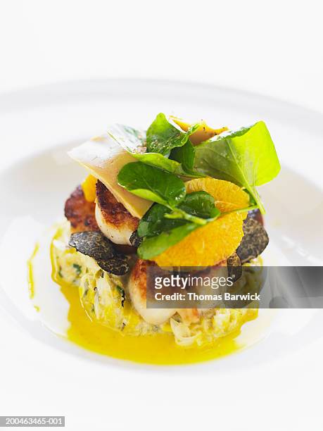 seared sea scallops with truffle creamed leek and citrus cress - seared stockfoto's en -beelden