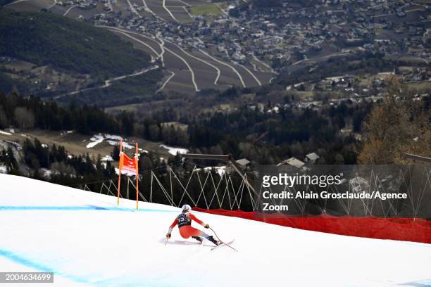 Jasmine Flury of Team Switzerland in action during the Audi FIS Alpine Ski World Cup Women's Downhill Training on February 15, 2024 in Crans Montana,...