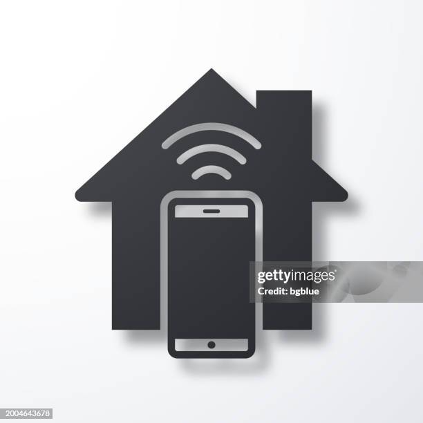 smart home with smartphone. icon with shadow on white background - checking phone outside stock illustrations