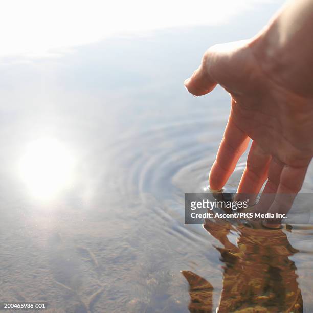 person touching surface of lake water (focus on hand) - sensory perception stock pictures, royalty-free photos & images