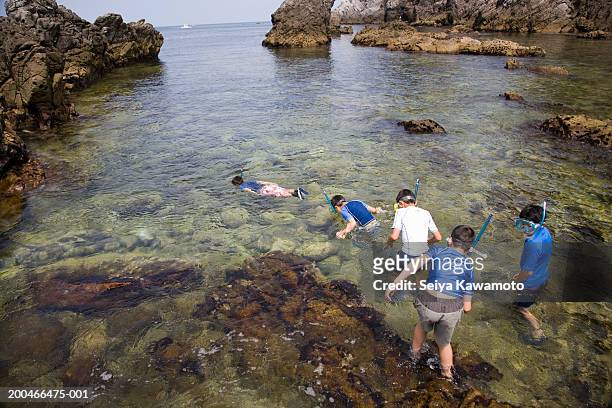 Group of boys snorkling in sea, rear view