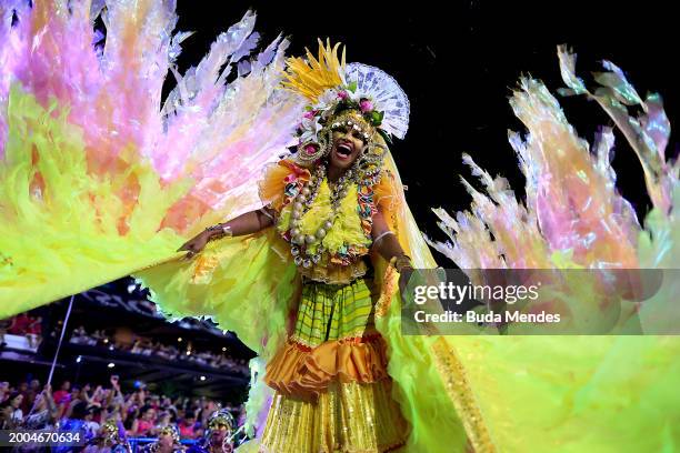 Member of Imperatriz Leopoldinense performs during 2024 Carnival parades at Sapucai Sambodrome on February 11, 2024 in Rio de Janeiro, Brazil.