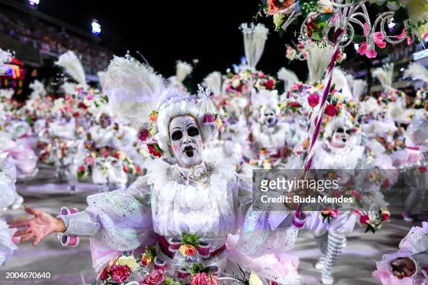 Member of Imperatriz Leopoldinense performs during 2024 Carnival parades at Sapucai Sambodrome on February 11, 2024 in Rio de Janeiro, Brazil.