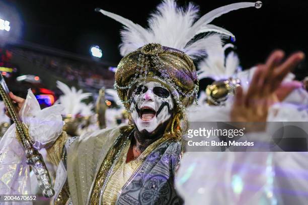 Member of Imperatriz Leopoldinense performs during 2024 Carnival parades at Sapucai Sambodrome on February 11, 2024 in Rio de Janeiro, Brazil.