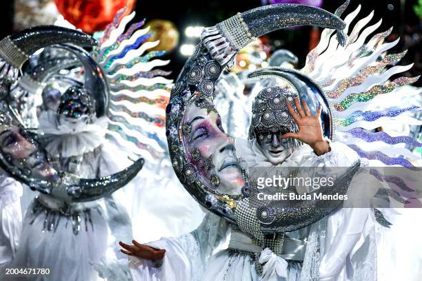 Members of Imperatriz Leopoldinense perform during 2024 Carnival parades at Sapucai Sambodrome on February 11, 2024 in Rio de Janeiro, Brazil.