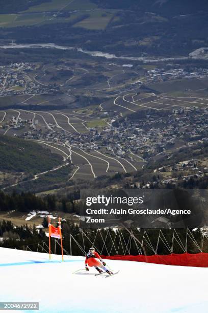 Priska Nufer of Team Switzerland in action during the Audi FIS Alpine Ski World Cup Women's Downhill Training on February 15, 2024 in Crans Montana,...