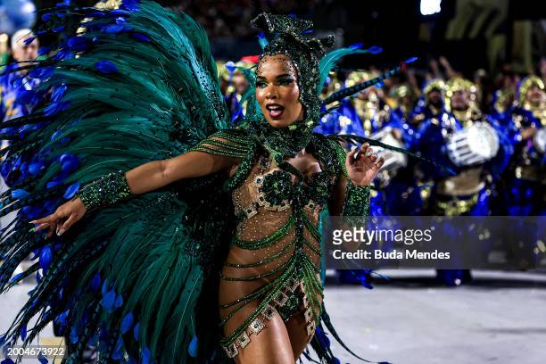 Queen of drums, Maria Mariá of Imperatriz Leopoldinense performs during 2024 Carnival parades at Sapucai Sambodrome on February 11, 2024 in Rio de...