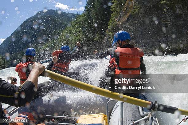 Group of people white water rafting, rear view