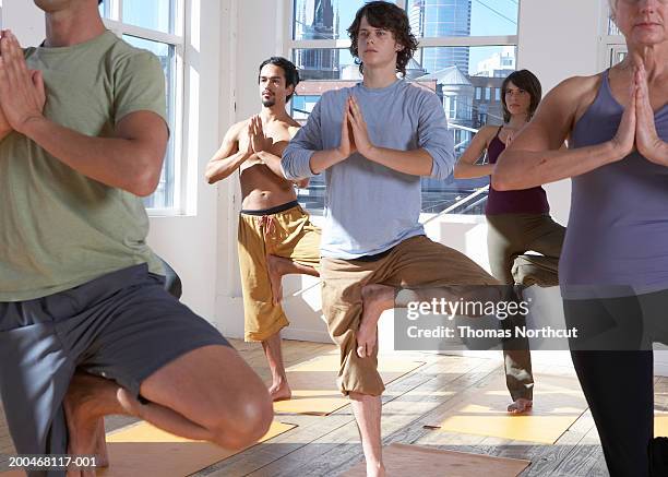 five adults practicing yoga, standing on one leg - op een been staan stockfoto's en -beelden