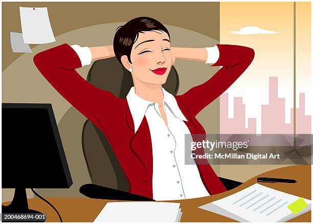 ilustraciones, imágenes clip art, dibujos animados e iconos de stock de businesswoman sitting with hands behind head, eyes closed - ojos cerrados