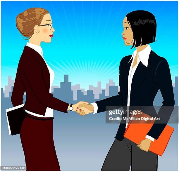 ilustraciones, imágenes clip art, dibujos animados e iconos de stock de two businesswomen shaking hands, side view - mujeres de mediana edad