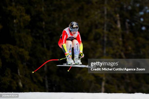 Lara Gut-behrami of Team Switzerland competes during the Audi FIS Alpine Ski World Cup Women's Downhill Training on February 15, 2024 in Crans...