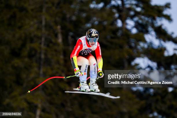 Lara Gut-behrami of Team Switzerland competes during the Audi FIS Alpine Ski World Cup Women's Downhill Training on February 15, 2024 in Crans...