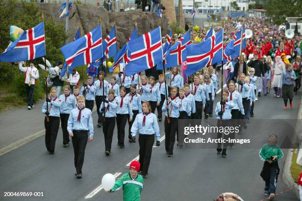 iceland, kopavogur, national independence day parade - national holiday stockfoto's en -beelden