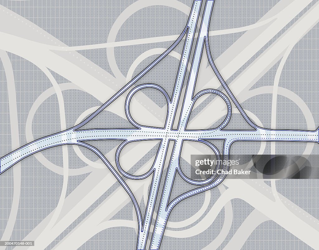 Clover-leaf shaped highway overpasses, overhead view (Digital)