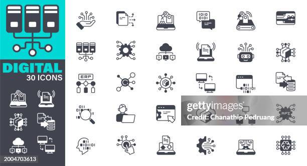 digitalization icons set. solid icon collection. vector graphic elements, icon symbol, technology, digital display, connection, it support, data analyzing, big data, cloud computing - data center white stock illustrations