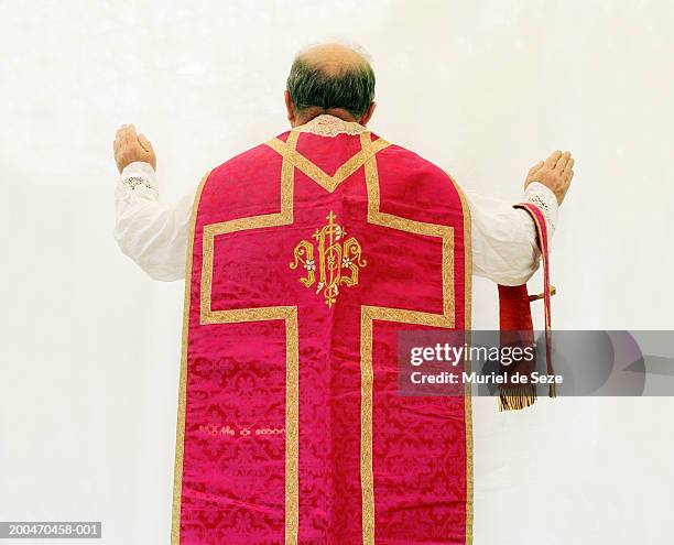 priest holding up arms, rear view - clérigo fotografías e imágenes de stock