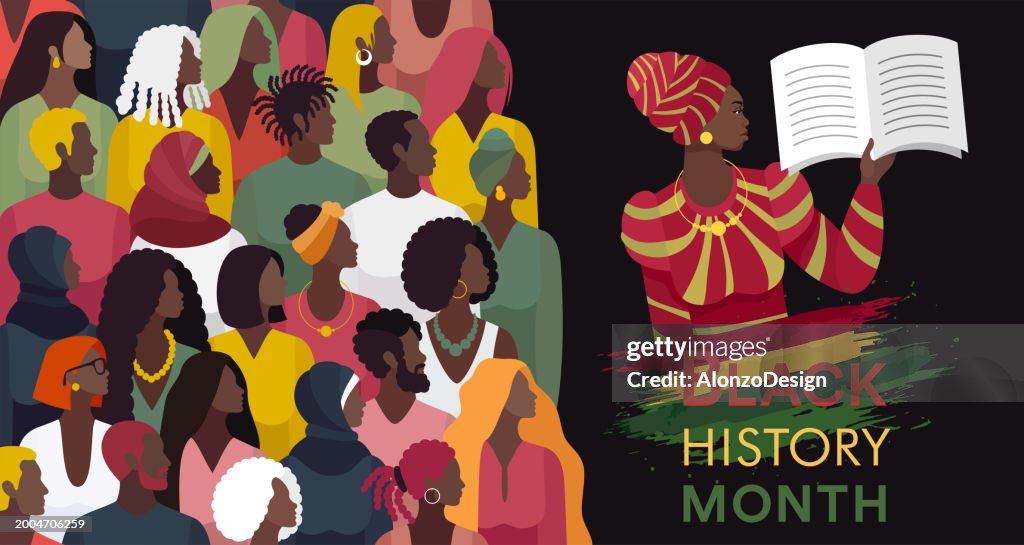Große Gruppe von Schwarzen. Black History Month. Nahtloses Muster. Etwas über die afrikanische Kultur lernen.