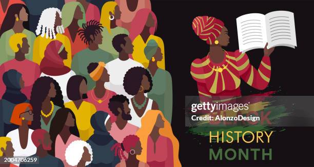 illustrazioni stock, clip art, cartoni animati e icone di tendenza di grande gruppo di persone di colore. mese della storia nera. modello senza soluzione di continuità. conoscere la cultura africana. - simbolo-della-società-civile