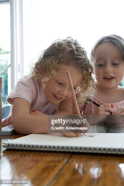 Two Girls Drawing Picture In Sketch Pad On Table Smiling High-Res Stock  Photo - Getty Images