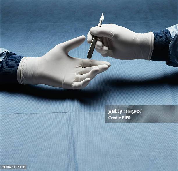 nurse passing scalpel to surgeon, close-up - skalpell stock-fotos und bilder